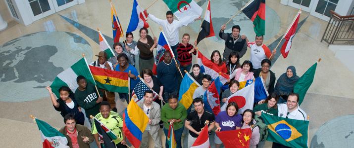 International students holding up their native flags