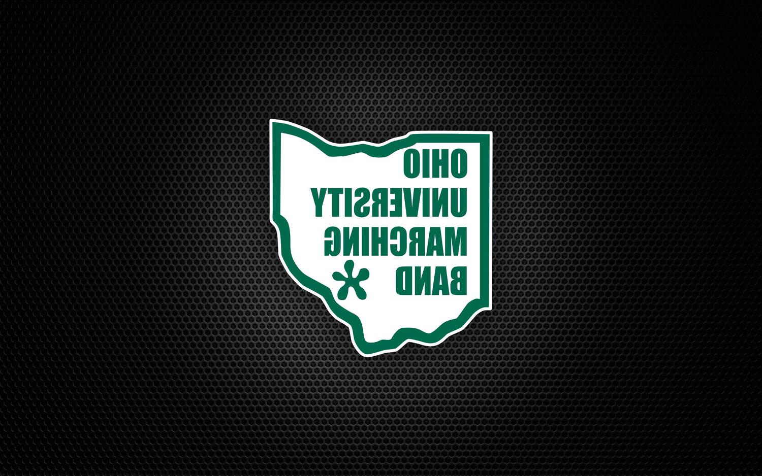 Speaker mesh background with a green and white outline of the state of Ohio containing the words Ohio University Marching Band.